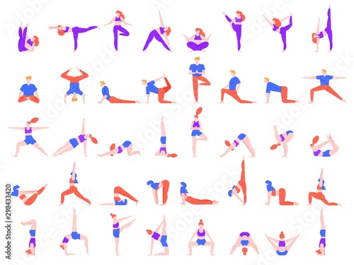 Yoga poses people. People doing yoga exercise, young man and woman yoga community vector illustration set. Meditation, balance training and relaxation asanas isolated on white background