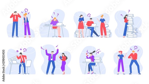 Stressed business people. Yelling and screaming office workers, swearing characters in office environment vector illustration set. Conflicts and disputes at workplace isolated on white background