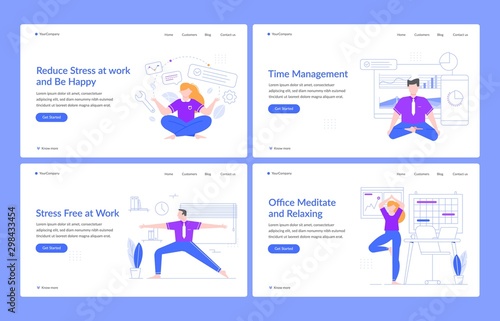 Office meditation and relaxing. Business characters relaxing at work, people in office practice yoga poses, no stress landing page vector templates. Stress free work and happiness banner layout