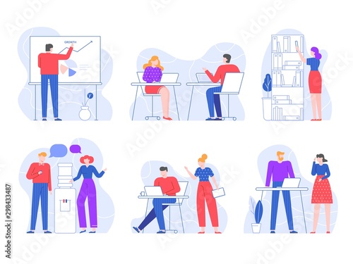 Office workers. People workspaces with laptop on table, employees work together and water cooler talk flat vector illustration set. Colleagues communication at workplace, working process pack