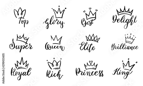 Doodle crowns lettering. Crown with text elements  sketch  majestic tiara logo vector set. symbol of royal power with beautiful calligraphy pack with. Hand drawn line art diadem illustrations