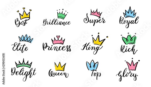 Crown hand drawn lettering. Queen crown icons, calligraphy tiara and colorful diadem vector illustration set. Symbols of royal power pack. Diadem and luxurious decals isolated on white background