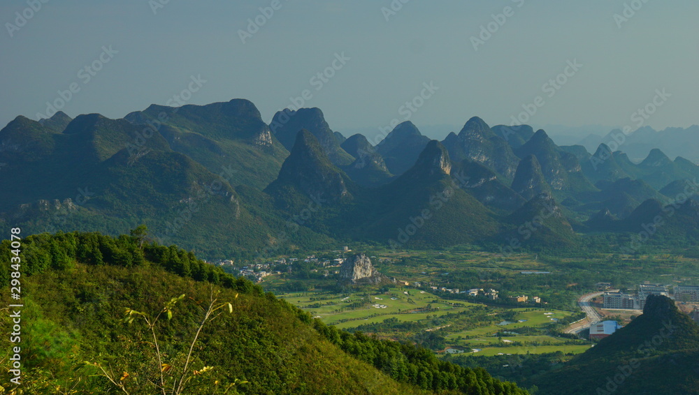 Naklejka premium The veiw of earth surface relief of karst topography in Guilin from Yaou mountain