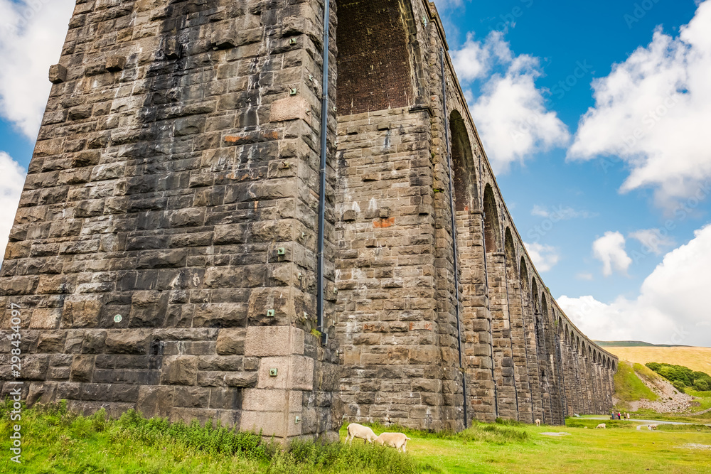 Famous Ribble Valley viaduct railway crossing showing detail of the stonework under-structure and guttering. Sheep often graze under here