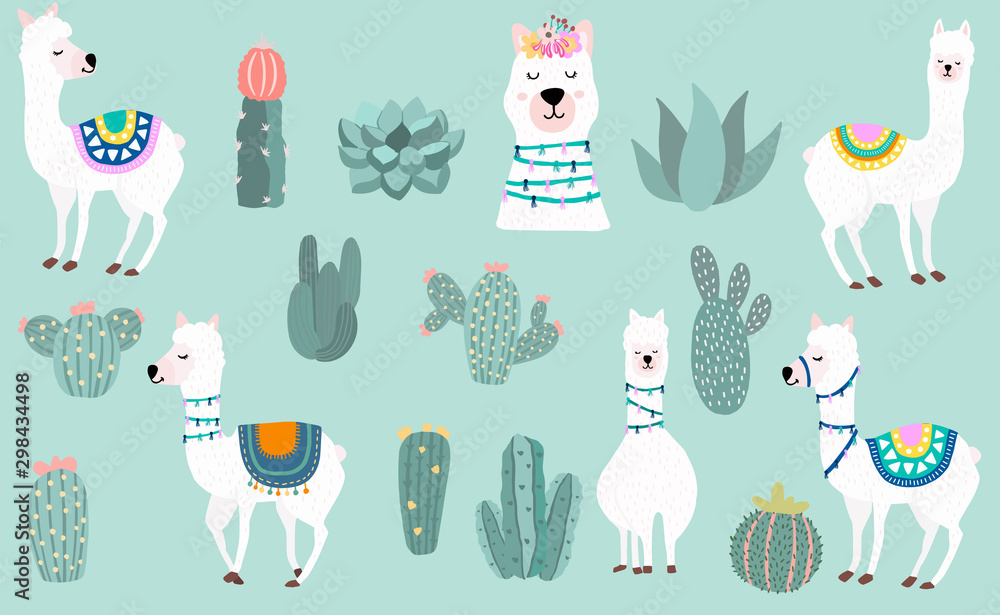 Naklejka premium Animal object collection with llama,cactus.Vector illustration for icon,logo,sticker,printable.Editable element