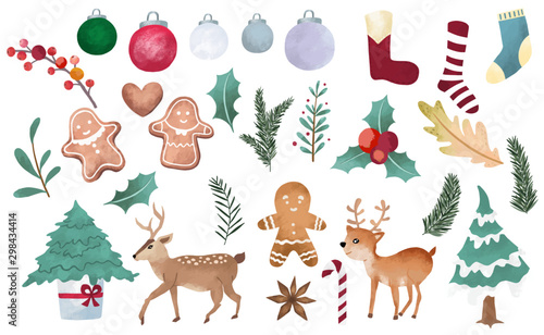 Watercolor Christmas object collection with christmas tree,ball,reindeer.Vector illustration for icon,logo,sticker,printable