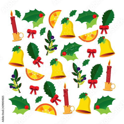 Vector Christmas composition with the image of mistletoe leaf, candle and bell.