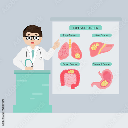 Doctor introduce types of  cancer flat vector illustration.