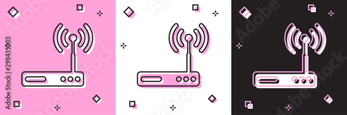 Set Router and wi-fi signal symbol icon isolated on pink and white, black background. Wireless ethernet modem router. Computer technology internet. Vector Illustration