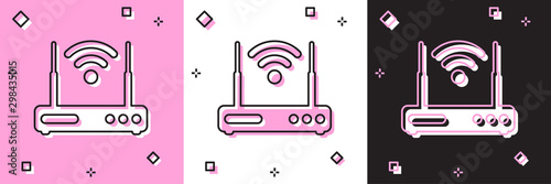 Set Router and wi-fi signal symbol icon isolated on pink and white, black background. Wireless ethernet modem router. Computer technology internet. Vector Illustration