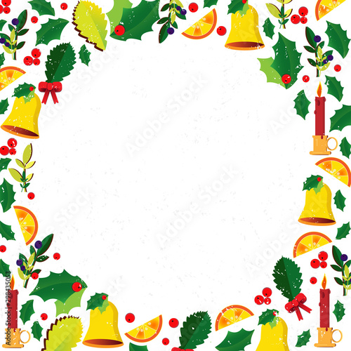 Vector Christmas card template with candle, bell, mistletoe, leaf and orange slices.