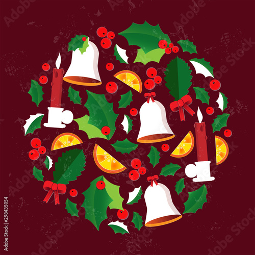 Vector Christmas card with a picture of a leaf of mistletoe, berries, bell and orange slice.