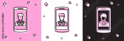 Set Smartphone with contact on screen icon isolated on pink and white, black background. Incoming call. Human on phone screen. Call contact. Vector Illustration