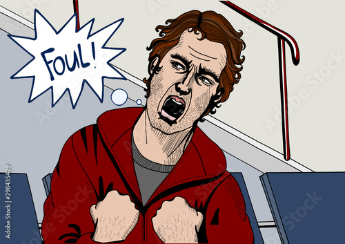 Young handsome man, dressed in a red jacket, sits in the stands during a  match, he is a fan and shouts loudly displeased with a foul, color detailed illustration in comic style