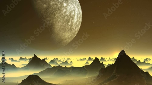 Alien Planet and Sunrise. Dark cliffs stand in the midst of thick yellow fog. Above the horizon huge planet (moon).  The bright sun rises slowly.