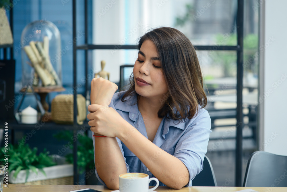 Beautiful Asian woman become an office syndrome, massager her self. Beautiful Asian woman become an office syndrome, massager her self.