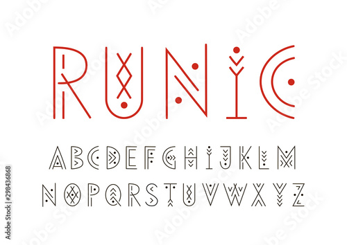 Linear geometric uppercase font decorated with thin lines.