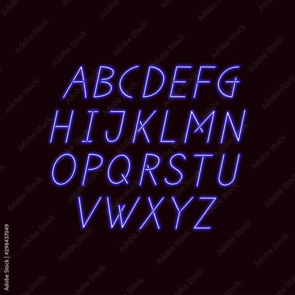 Linear geometric uppercase font. Neon inclined letters on a black background.