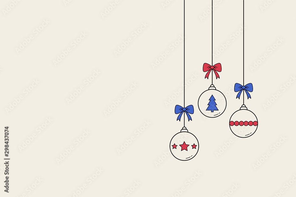 Christmas balls hanging on white background with copyspace. Decoration. Vector