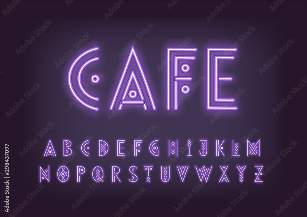 Linear geometric uppercase font. Neon blue letters on a dark background. Linear geometric uppercase font. Neon blue letters on a dark background.