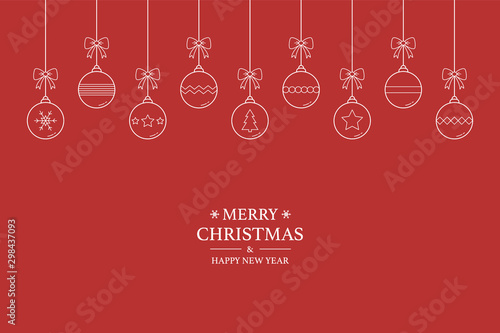 Hanging Christmas balls on red background with wishes. Xmas greeting card in cartoon style. Vector