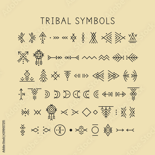 Vector set of line art symbols for logo design and lettering in tribal style.