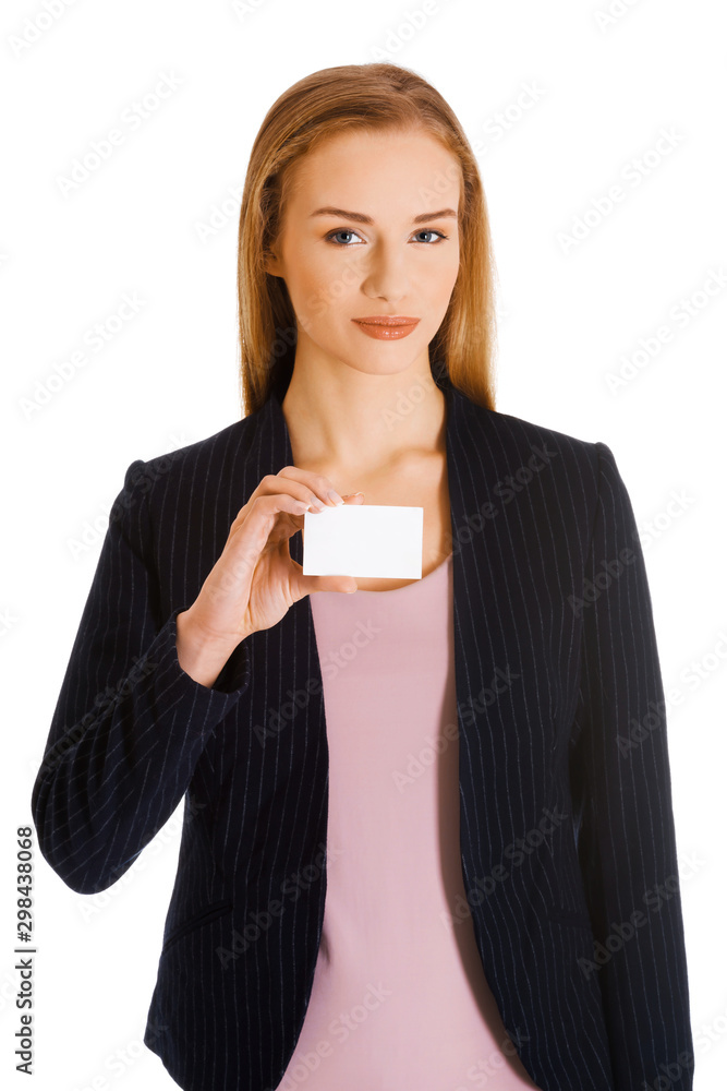Business woman holding small empty business card, isolated on white. Copy space. Business woman holding small empty business card, isolated on white. Copy space.