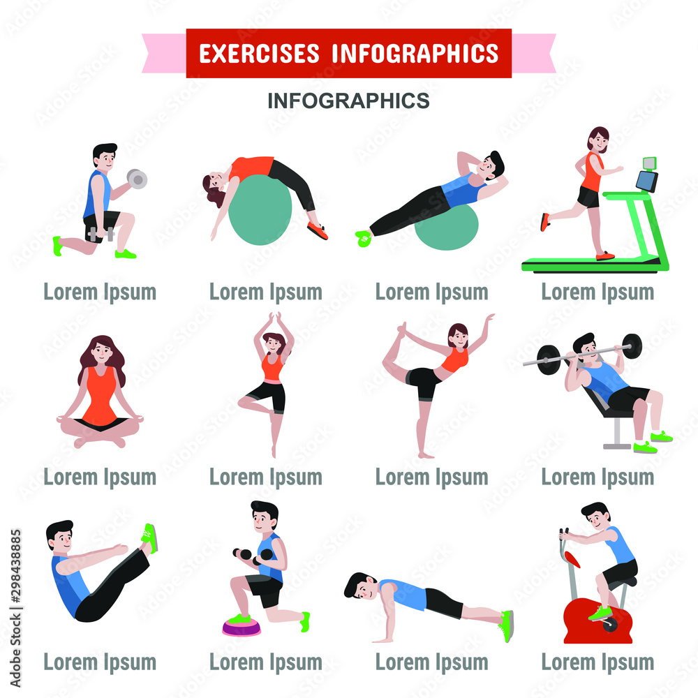 Fitness Infographic Workout healthcare Template Design. health concept. A set of yoga postures.Top 10 Exercise myths gym vector flat icons cartoon design eps10 illustration. Stock Adobe Stock