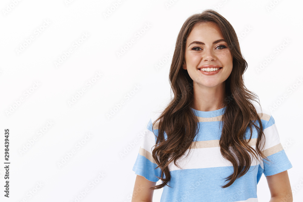 Cheerful lucky cute modern woman applying for job look ambitious and confident, smiling upbeat, enjoy carefree lifestyle, grinning joyfully, have awesome day, gazing optimistic, white background Cheerful lucky cute modern woman applying for job look ambitious and confident, smiling upbeat, enjoy carefree lifestyle, grinning joyfully, have awesome day, gazing optimistic, white background