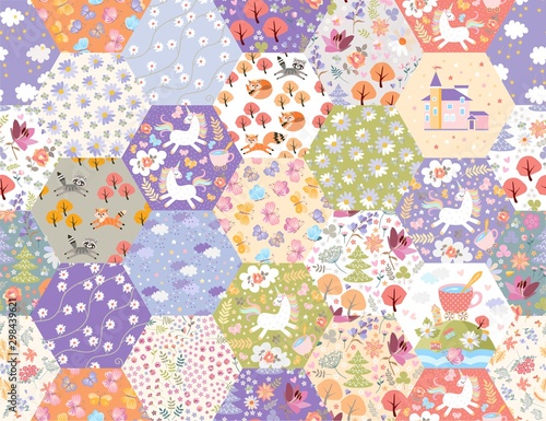 Fairytale patchwork seamless pattern with unicorns and magic forest. Cute print for fabric. Beautiful design for kids.