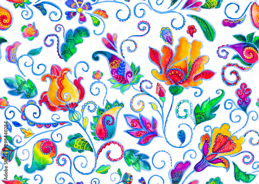 Watercolor hand painted oriental floral seamless pattern. Colorful rainbow whimsical flowers, leaves, brunches, paisley illustration with traditional arabic hand drawn ornament for ceramic tile design
