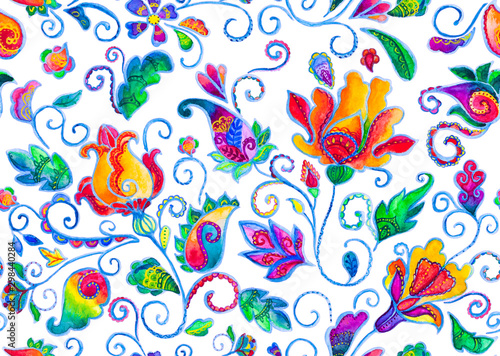 Watercolor hand painted oriental floral seamless pattern. Colorful rainbow whimsical flowers  leaves  brunches  paisley illustration with traditional arabic hand drawn ornament for ceramic tile design