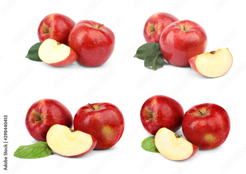 Set of fresh ripe red apples on white background Set of fresh ripe red apples on white background
