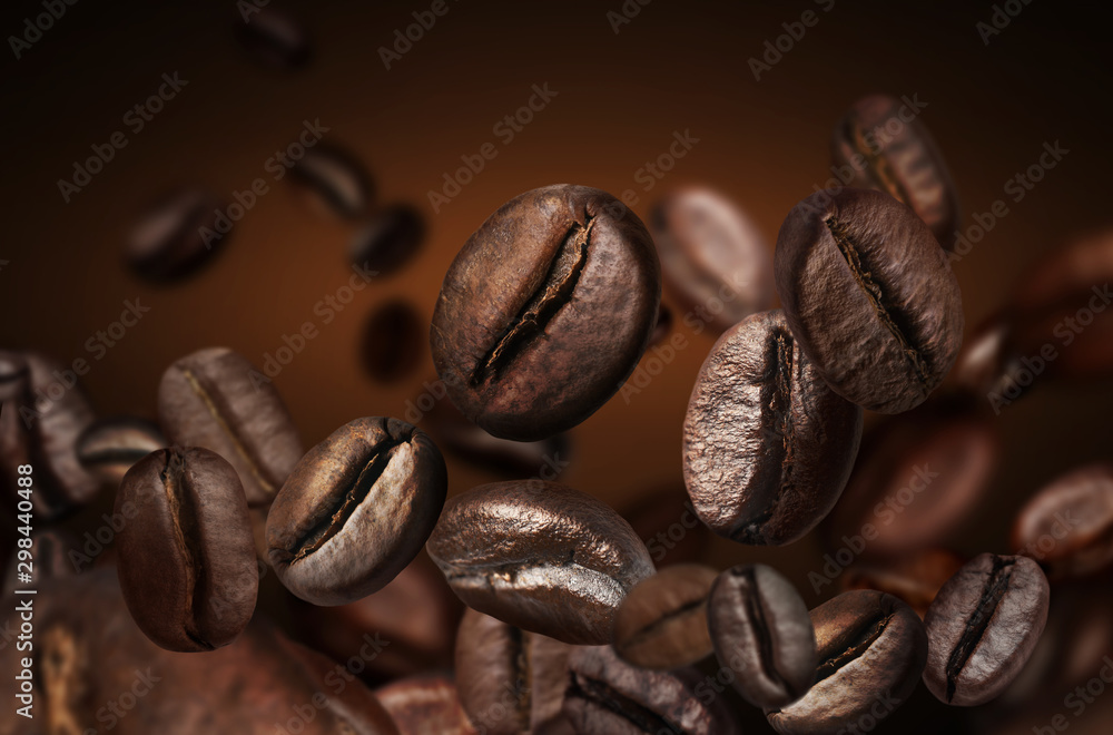 Roasted coffee beans on grey background, closeup Roasted coffee beans on grey background, closeup