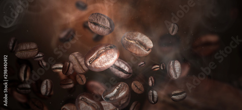 Roasted coffee beans on grey background, closeup photo