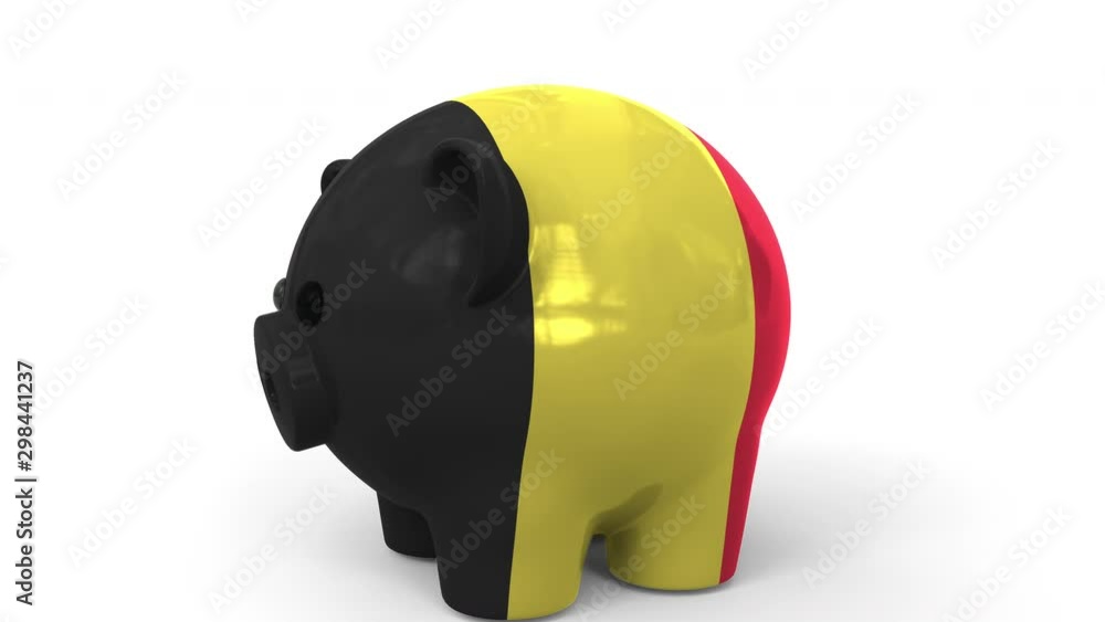 Coins fall into piggy bank painted with flag of Belgium. National banking system or savings related conceptual 3D animation Coins fall into piggy bank painted with flag of Belgium. National banking system or savings related conceptual 3D animation