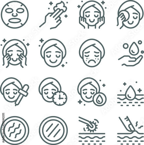 Skin care icons set vector illustration. Contains such icon as aroma, cleaning, treatment, acne, moist and more. Expanded Stroke