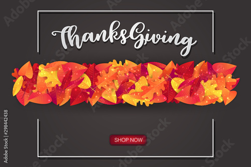 Happy Thanksgiving decoration graphics  with fall leaves. Seasonal event celebration design for invitation or advertisement. Realistic vector illustration with typography text.