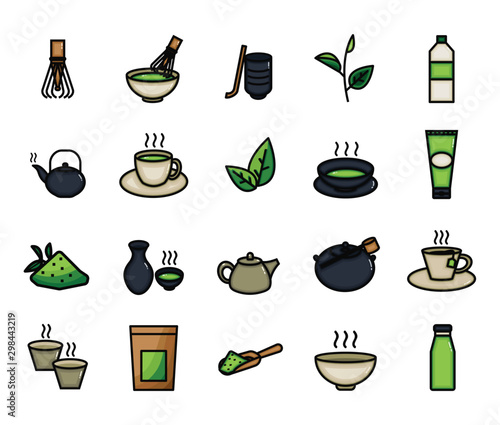 Matcha green tea original icons set color outline high quality style, Vector and illustration