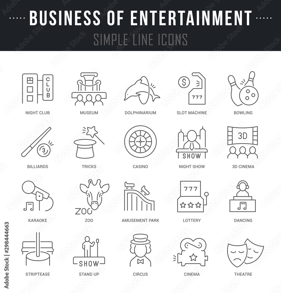 Set Vector Line Icons of Entertainment Business Set Vector Line Icons of Entertainment Business