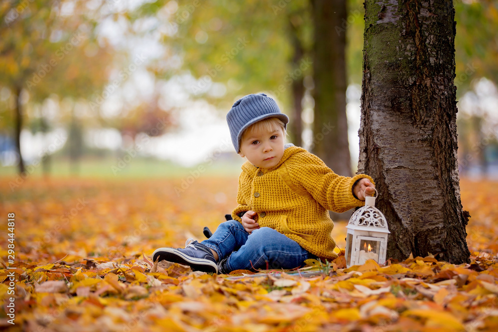 Beautiful fashion toddler boy, sitting in park with lantern in hand and backpack Beautiful fashion toddler boy, sitting in park with lantern in hand and backpack