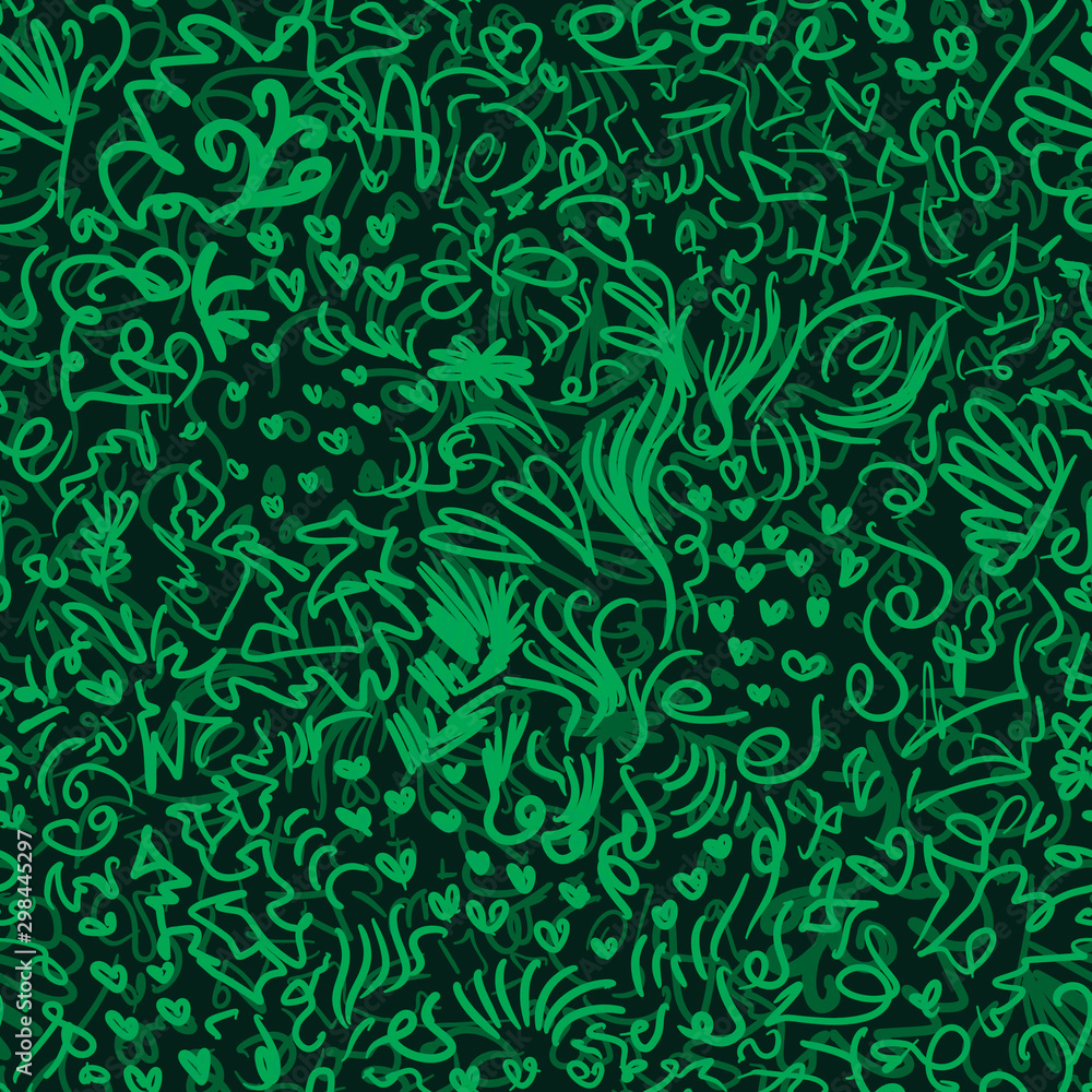 Abstract yellow seamless pattern for print, curls, hearts, flowers, butterflies on a contrasting background. Abstract yellow seamless pattern for print, curls, hearts, flowers, butterflies on a contrasting background.