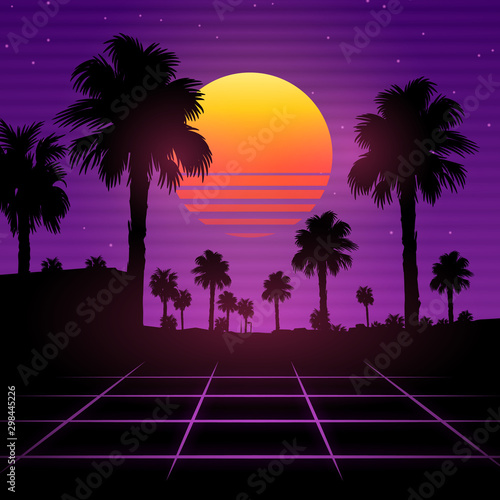 Palm background 80 s, 90 s style. Vector landscape of sunset. Image of old, retro, vintage style. Party banner, invitation, flyer, futurism , advertising. Retro disco and dance.