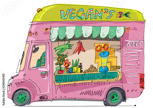 Cute vegan street food trailer mini bus full of food and equipments. Cartoon. Caricature.