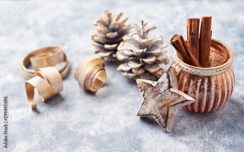 Christmas decoration on rustic wooden background. Close up.