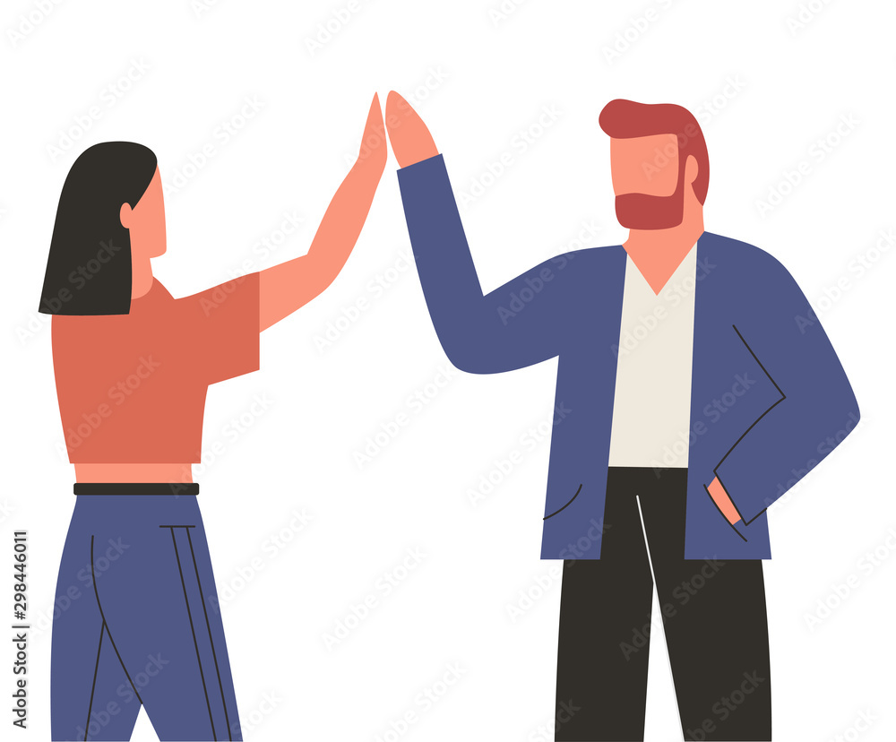 Two people giving high five isolated on white background. Happy man and woman greeting each other. Flat vector illustration Two people giving high five isolated on white background. Happy man and woman greeting each other. Flat vector illustration