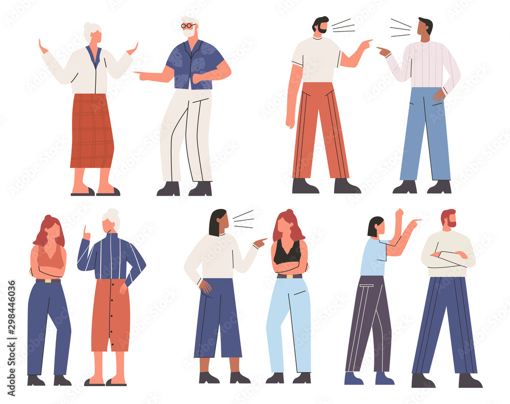 Obraz premium Set of unhappy couples arguing. Bundle of people pointing fingers at each other. Concept of addicted partner, bad relationships, two angry people. Flat vector illustration