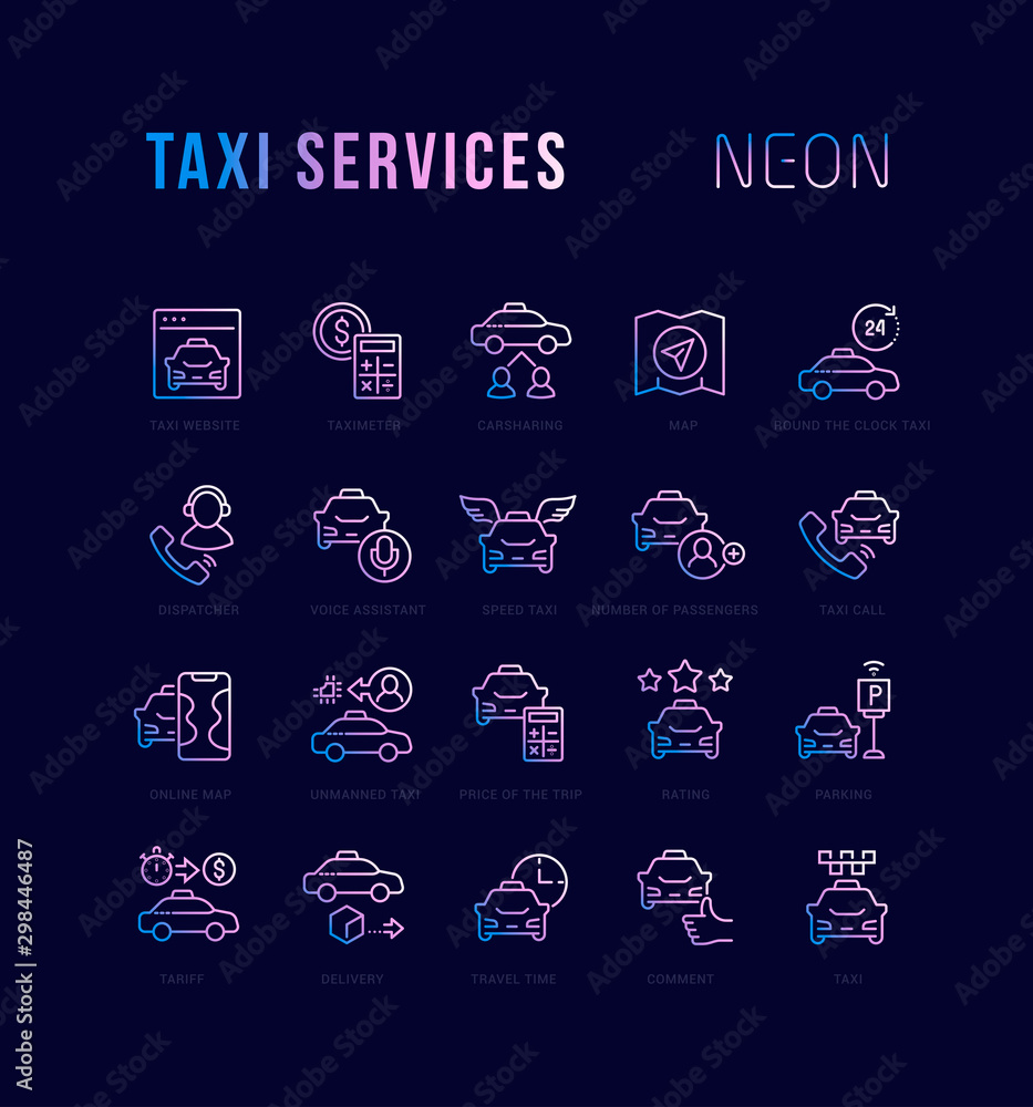 Neon Linear Icons of Taxi Services