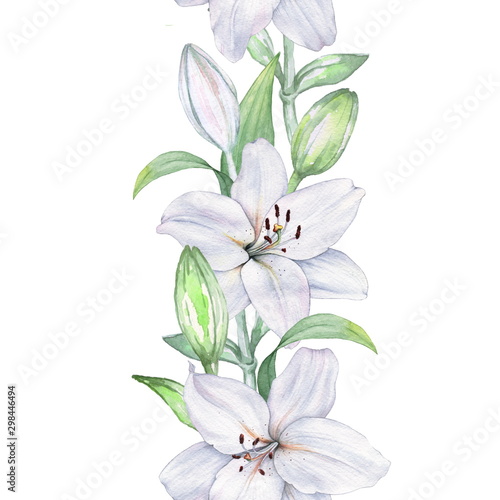 Seamless border of white lilies. Watercolor illustration. Hand drawing. Decorative item suitable for Wallpaper, wrapping paper and backgrounds, postcards and wedding invitations