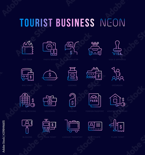 Collection Linear Neon Icons of Tourist Business